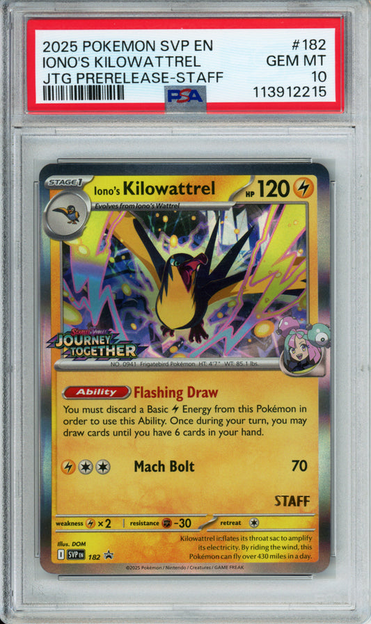 Iono's Kilowattrel (Prerelease, STAFF) - 2025 Black Star Promo - Journey Together - #182 - PSA10