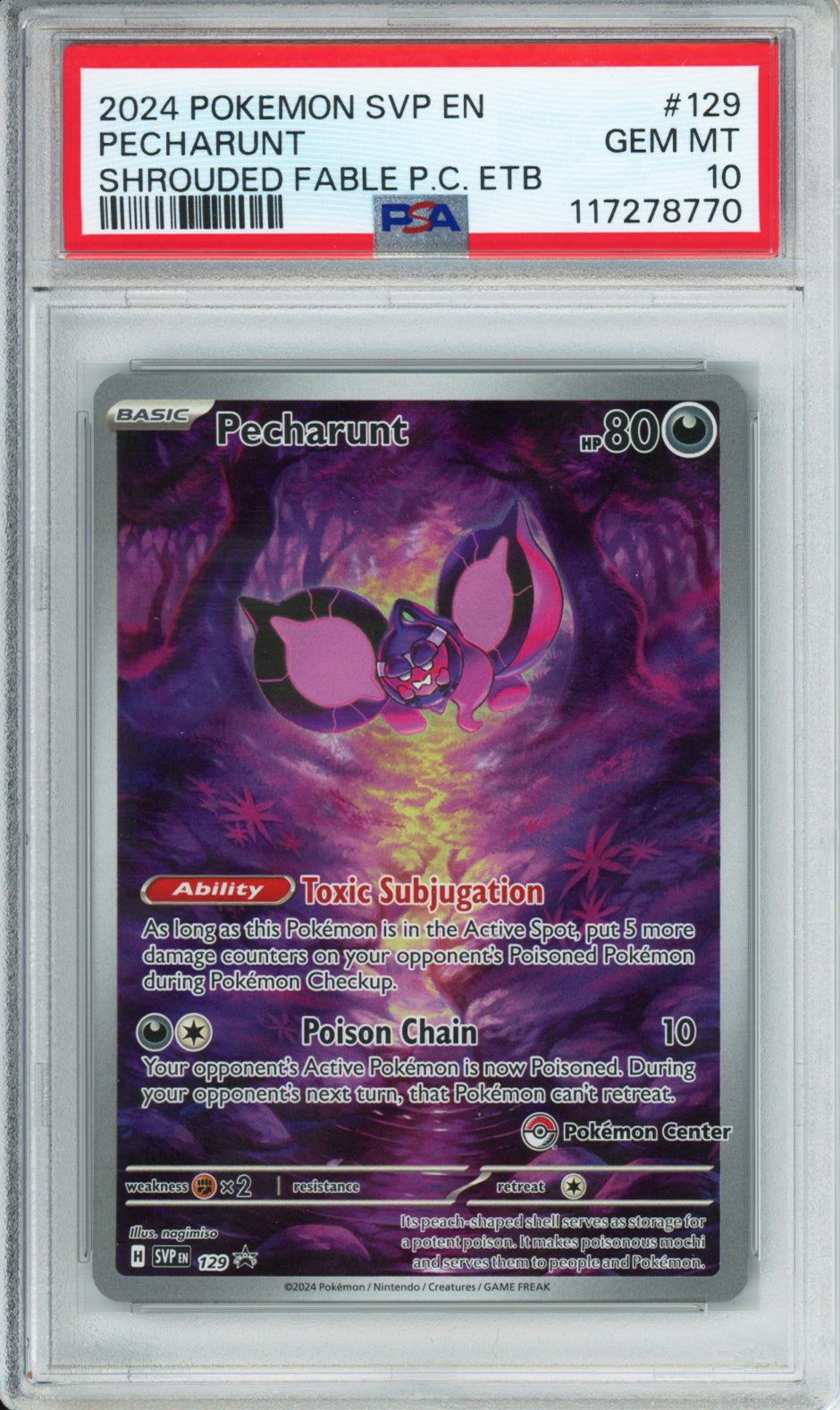 Pecharunt - 2024 Black Star Promo - Shrouded Fable Pokemon Center ETB - #129 - PSA10