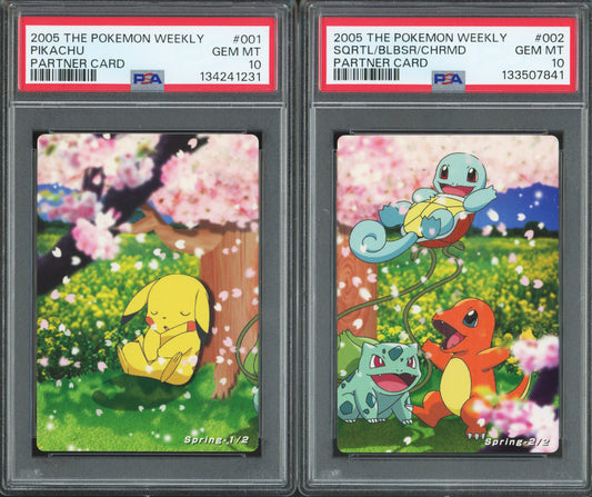 Pikachu & Squirtle/Bulbasaur/Charmander (Set of 2) - 2005 The Pokemon Weekly - Partner Card - Japanese - #001 & #002 - PSA10
