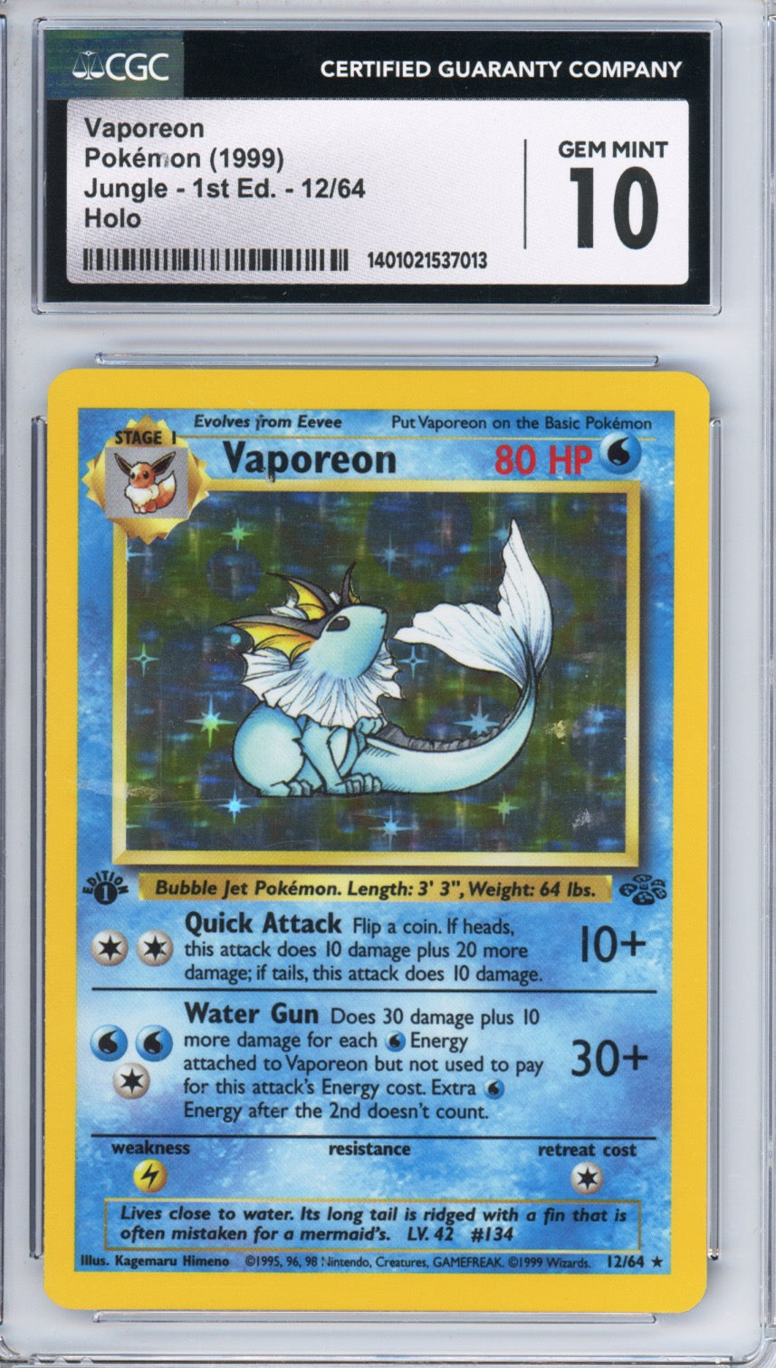 1999 Pokemon Jungle 1st Edition Holo Vaporeon #12 CGC 10 GEM MINT - front