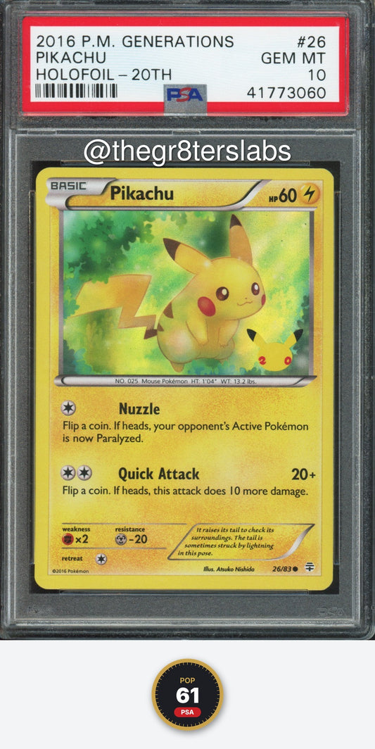 Pikachu (Holo) - 2016 Pokemon Generations - 20th Anniversary - #26/83 - PSA10