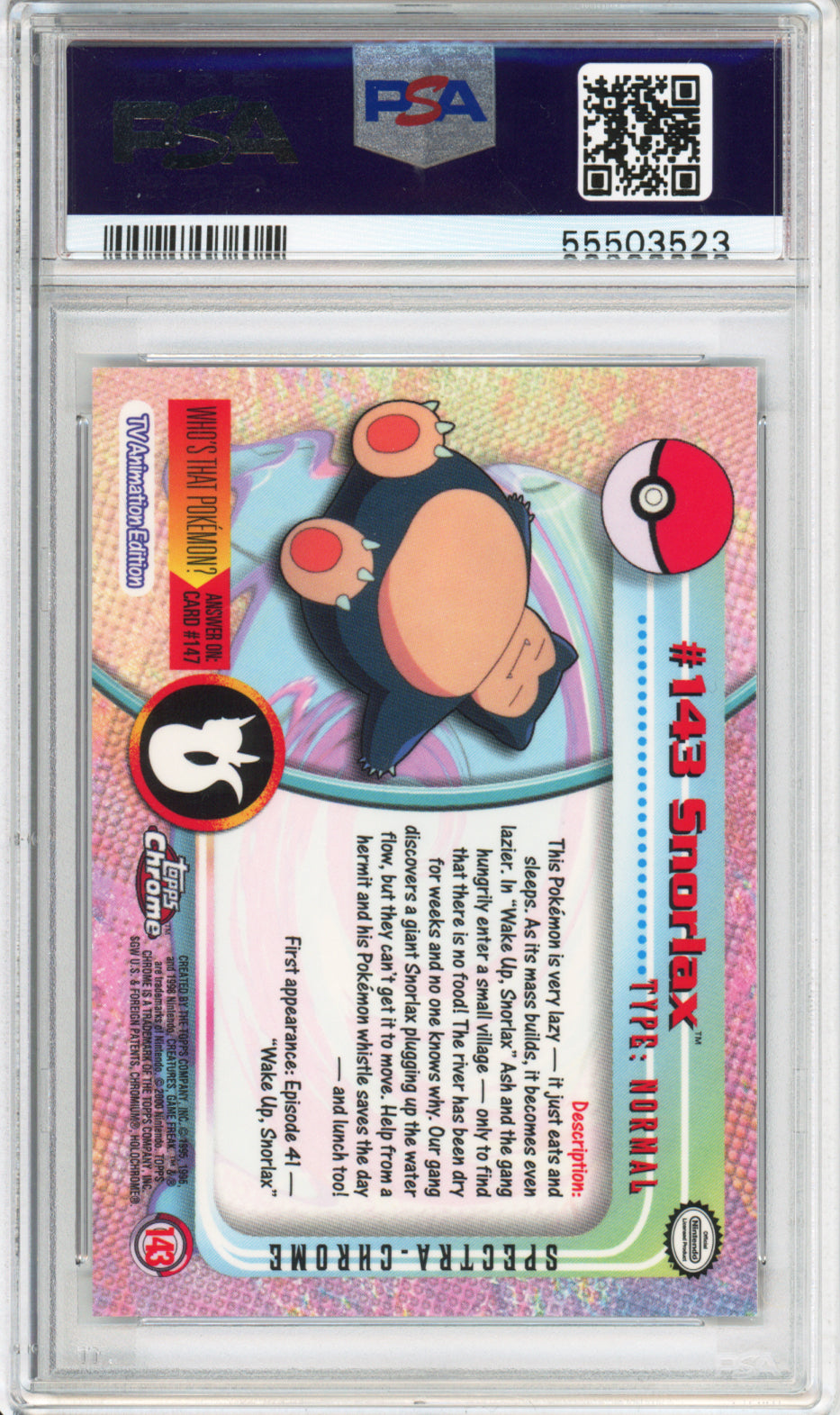 Snorlax (Spectra) - 2000 Topps Chrome - Pokemon TV - #143 - PSA10
