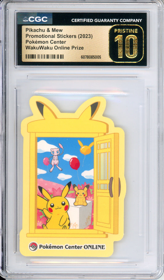 Pikachu & Mew - 2023 Pokemon Center Promotional Stickers - WakuWaku Online Prize - Japanese - CGCP10
