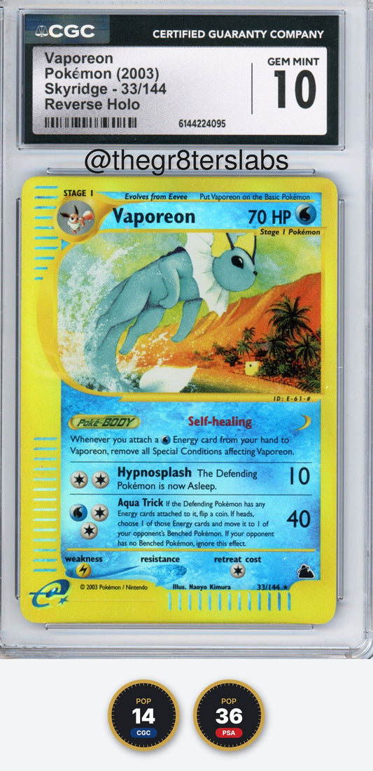 Vaporeon (Reverse Holo) - 2003 Pokemon Skyridge - #33/144 - CGC10