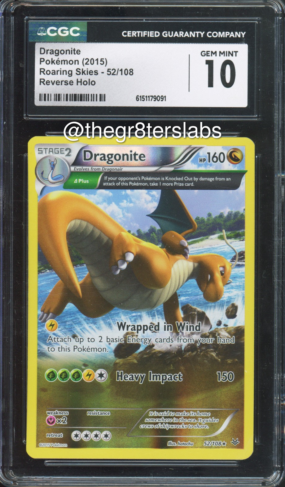 Dragonite (Reverse Holo) - 2015 Pokemon Roaring Skies - #52/108 - CGC10 - front