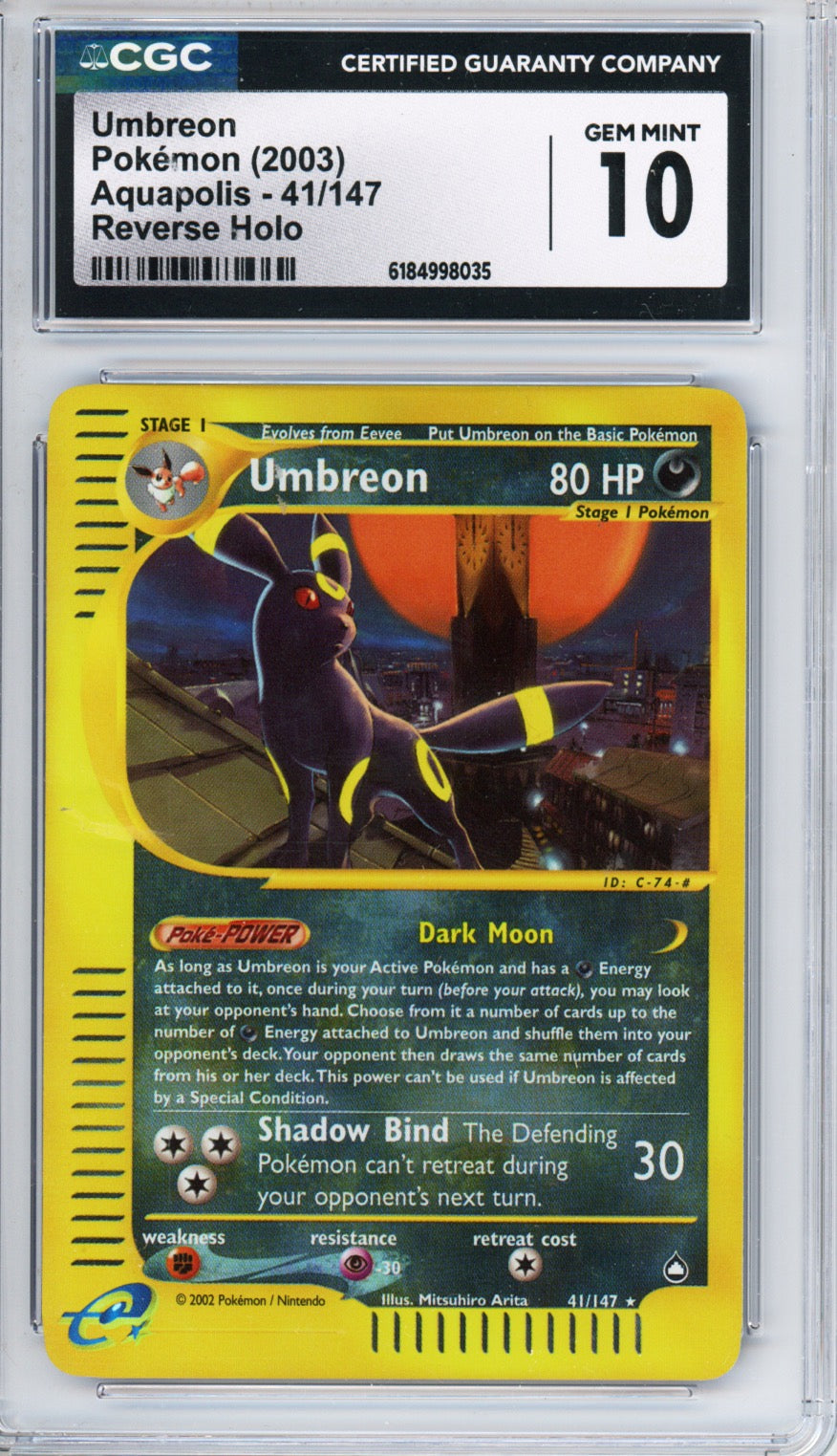 2003 Pokemon Aquapolis Reverse Holo Umbreon #41 CGC 10 GEM MINT - front