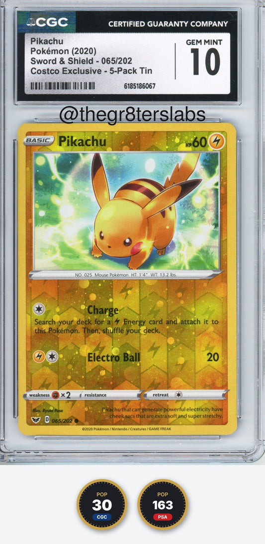 Pikachu - 2020 Pokemon Sword & Shield - Costco Exclusive 5-Pack Tin - #065/202 - CGC10
