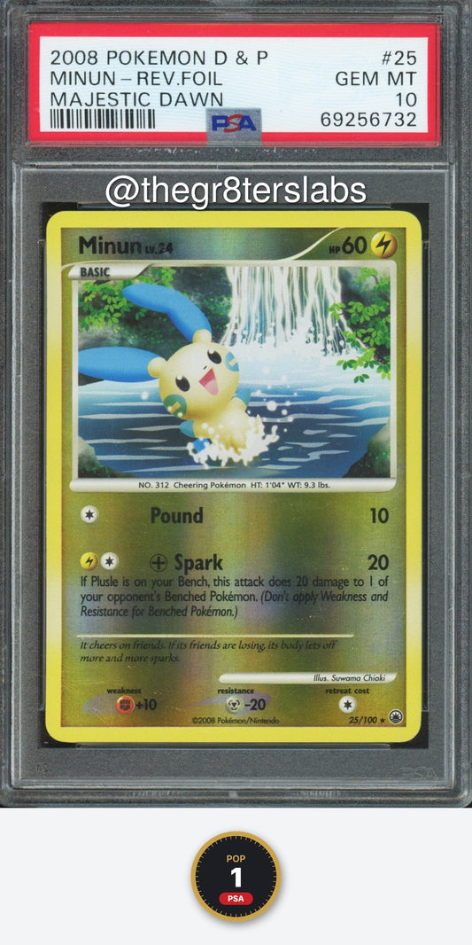 Minun (Reverse Foil) - 2008 Pokemon Majestic Dawn - #25/100 - PSA10