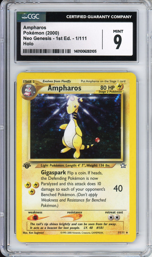 Ampharos (Holo) - 2000 Neo Genesis - 1st Edition - #1/111 - CGC9 - POP 108