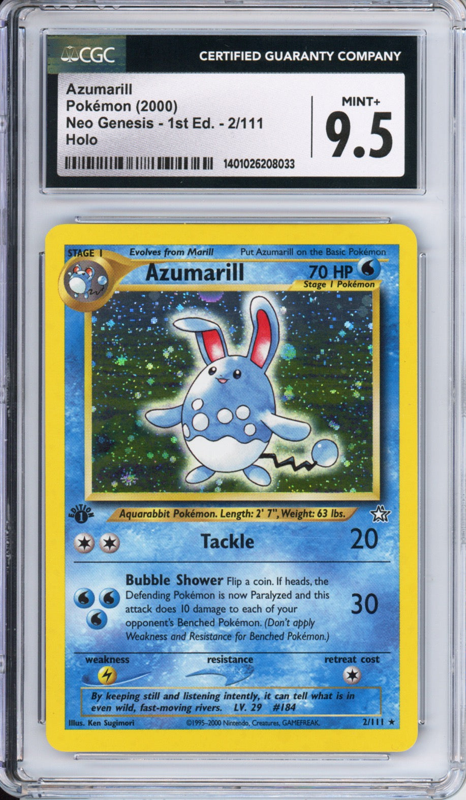 Azumarill (Holo) - 2000 Neo Genesis - 1st Edition - #2/111 - CGC9.5 - POP 11