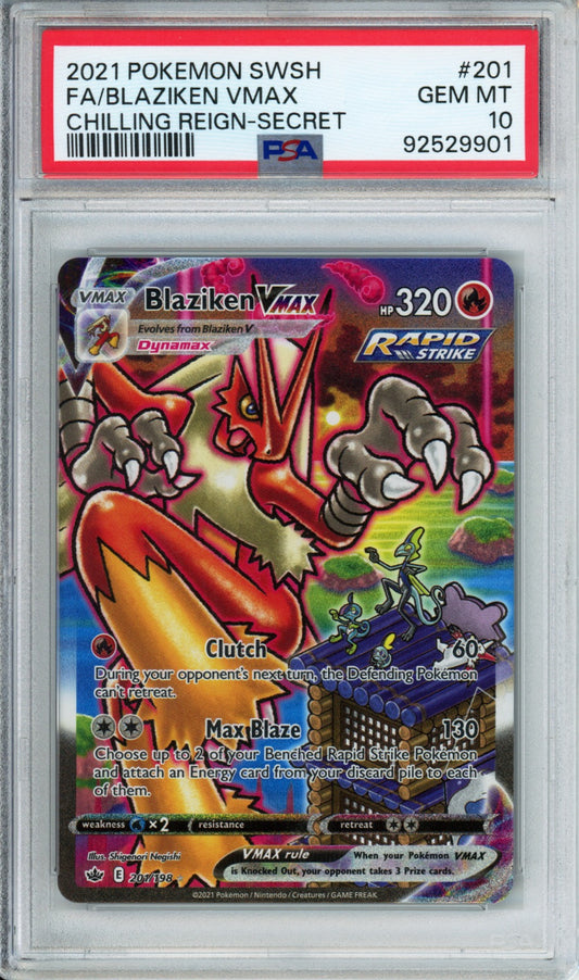 Blaziken VMAX (Full Art, Secret Rare) - 2021 Chilling Reign - #201/198 - PSA10 - POP 3,650