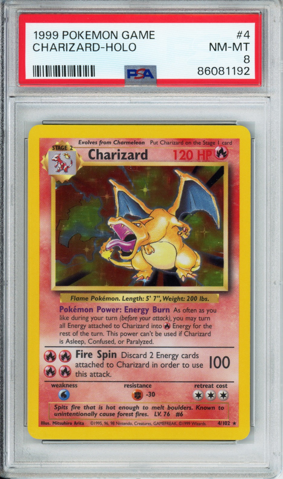 Charizard (Holo) - 1999 Base Set Unlimited - #4/102 - PSA8 - POP 12,104