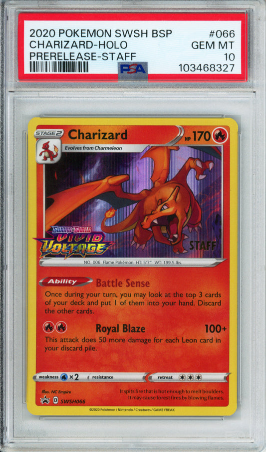 Charizard (Holo, Prerelease, Staff) - 2020 Sword & Shield Black Star Promo - #SWSH066 - PSA10