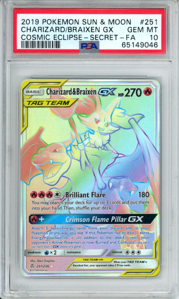 Charizard & Braixen GX (Full Art, Secret Rare) - 2019 Cosmic Eclipse - #251/236 - PSA10 - POP 1,560