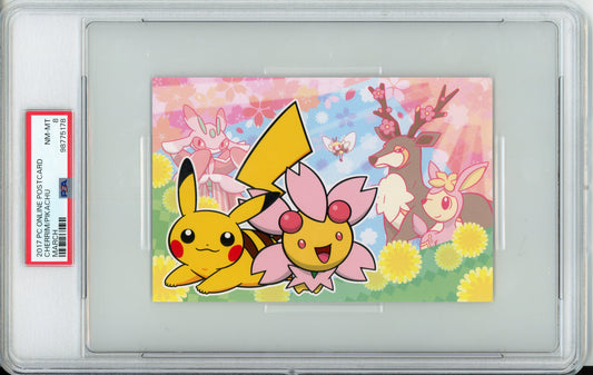 Cherrim & Pikachu - 2017 Pokemon Center Online Postcard - March - Japanese - PSA8