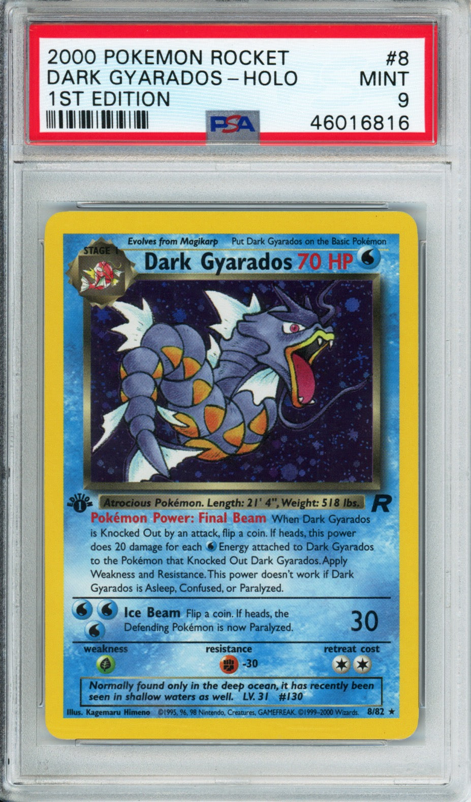 Dark Gyarados (Holo) - 2000 Team Rocket - 1st Edition - #8/82 - PSA9 - POP 1,764