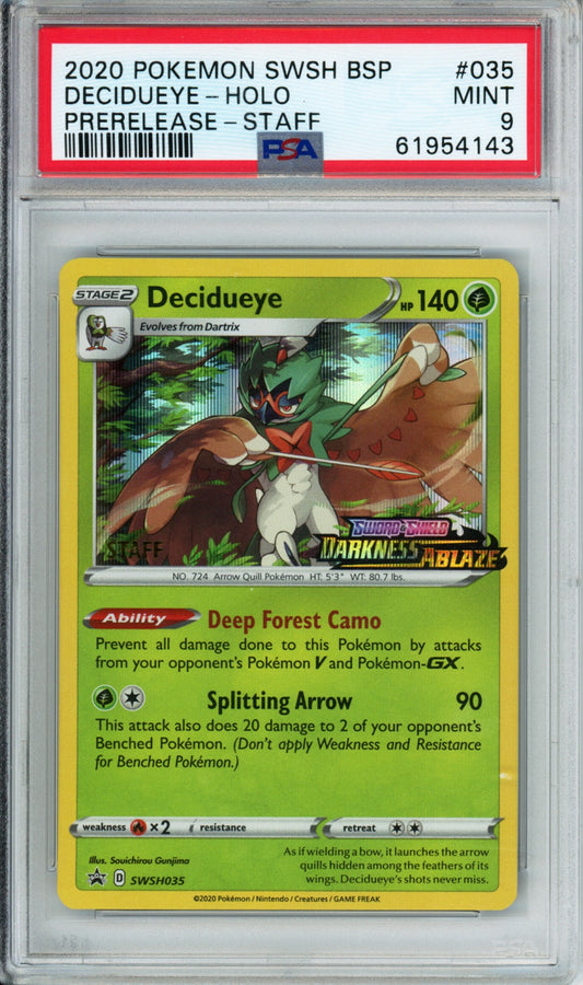 Decidueye (Holo, Staff) - 2020 Black Star Promo - Darkness Ablaze Prerelease - #SWSH035 - PSA9