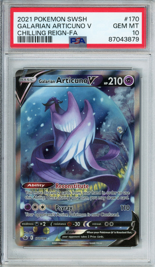 Galarian Articuno V (Full Art) - 2021 Chilling Reign - #170/198 - PSA10 - POP 1,585