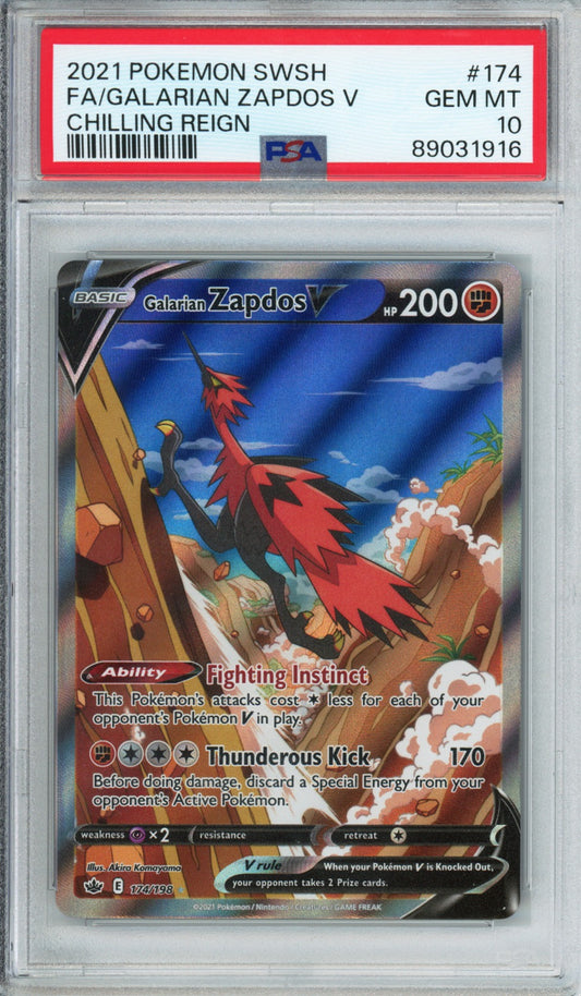 Galarian Zapdos V (Full Art) - 2021 Chilling Reign - #174/198 - PSA10 - POP 1,961