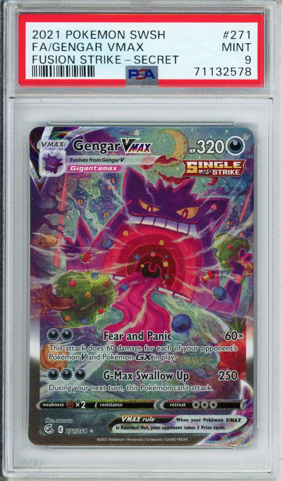 Gengar VMAX (Full Art, Secret Rare) - 2021 Fusion Strike - #271/264 - PSA9