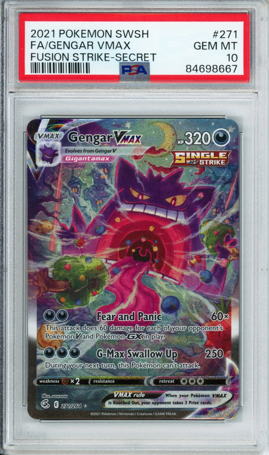 Gengar VMAX (Full Art, Secret Rare) - 2021 Fusion Strike - #271/264 - PSA10 - POP 7,431