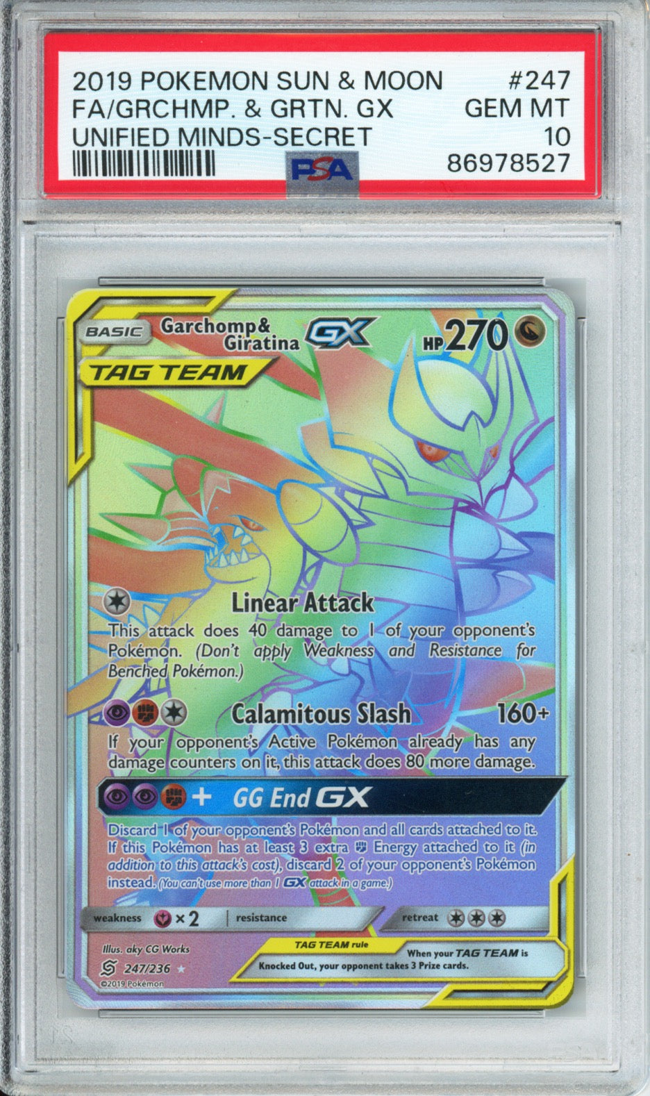 Garchomp & Giratina GX (Full Art, Secret Rare) - 2019 Unified Minds - #247/236 - PSA10