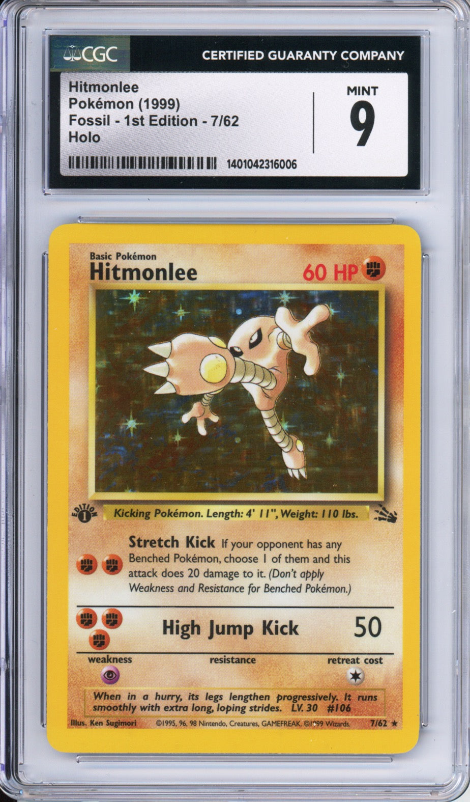 Hitmonlee (Holo) - 1999 Fossil - 1st Edition - #7/62 - CGC9 - POP 177