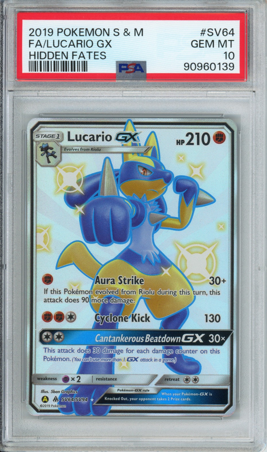 Lucario GX (Full Art) - 2019 Hidden Fates - #SV64/SV94 - PSA10