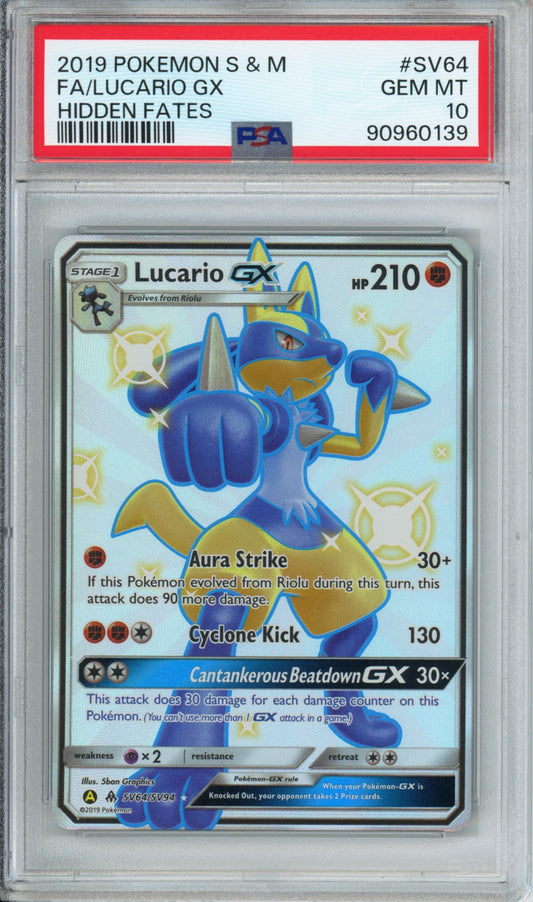 Lucario GX (Full Art) - 2019 Hidden Fates - #SV64/SV94 - PSA10