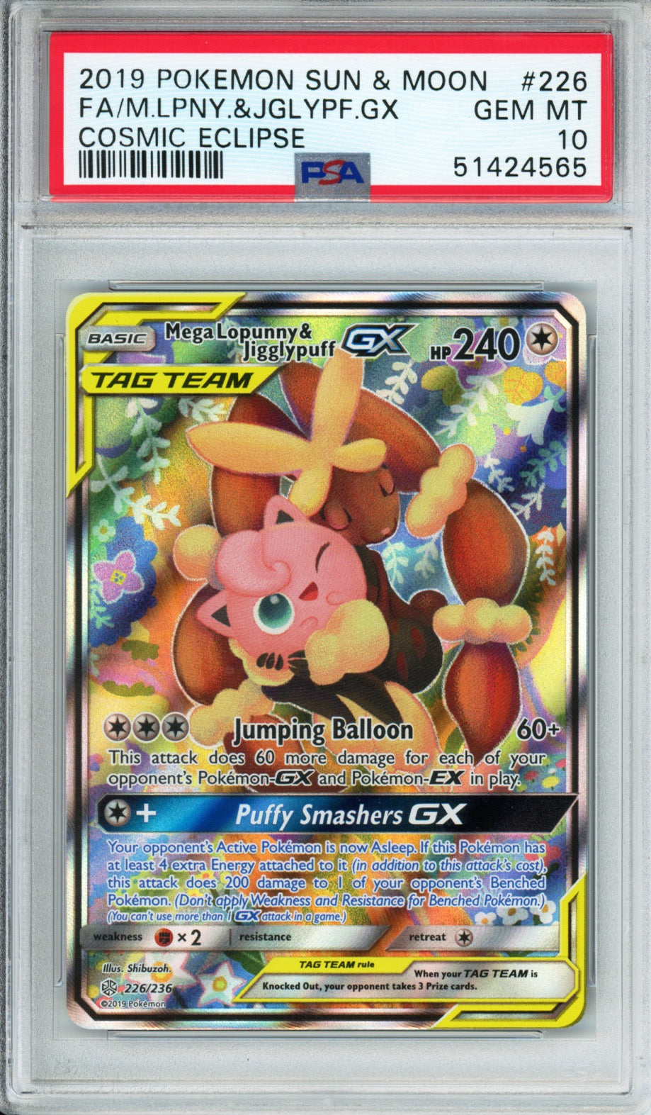 Mega Lopunny & Jigglypuff GX (Full Art) - 2019 Cosmic Eclipse - #226/236 - PSA10 - POP 384