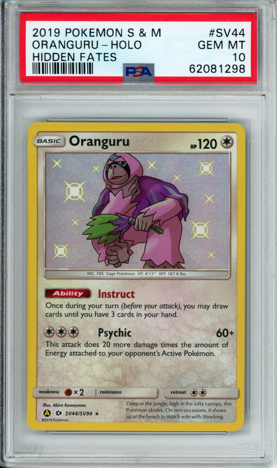 Oranguru (Holo) - 2019 Hidden Fates - #SV44/SV94 - PSA10