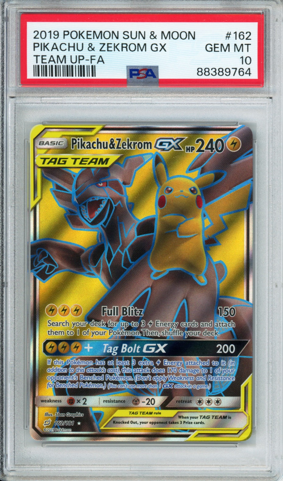 Pikachu & Zekrom GX (Full Art) - 2019 Team Up - #162/181 - PSA10