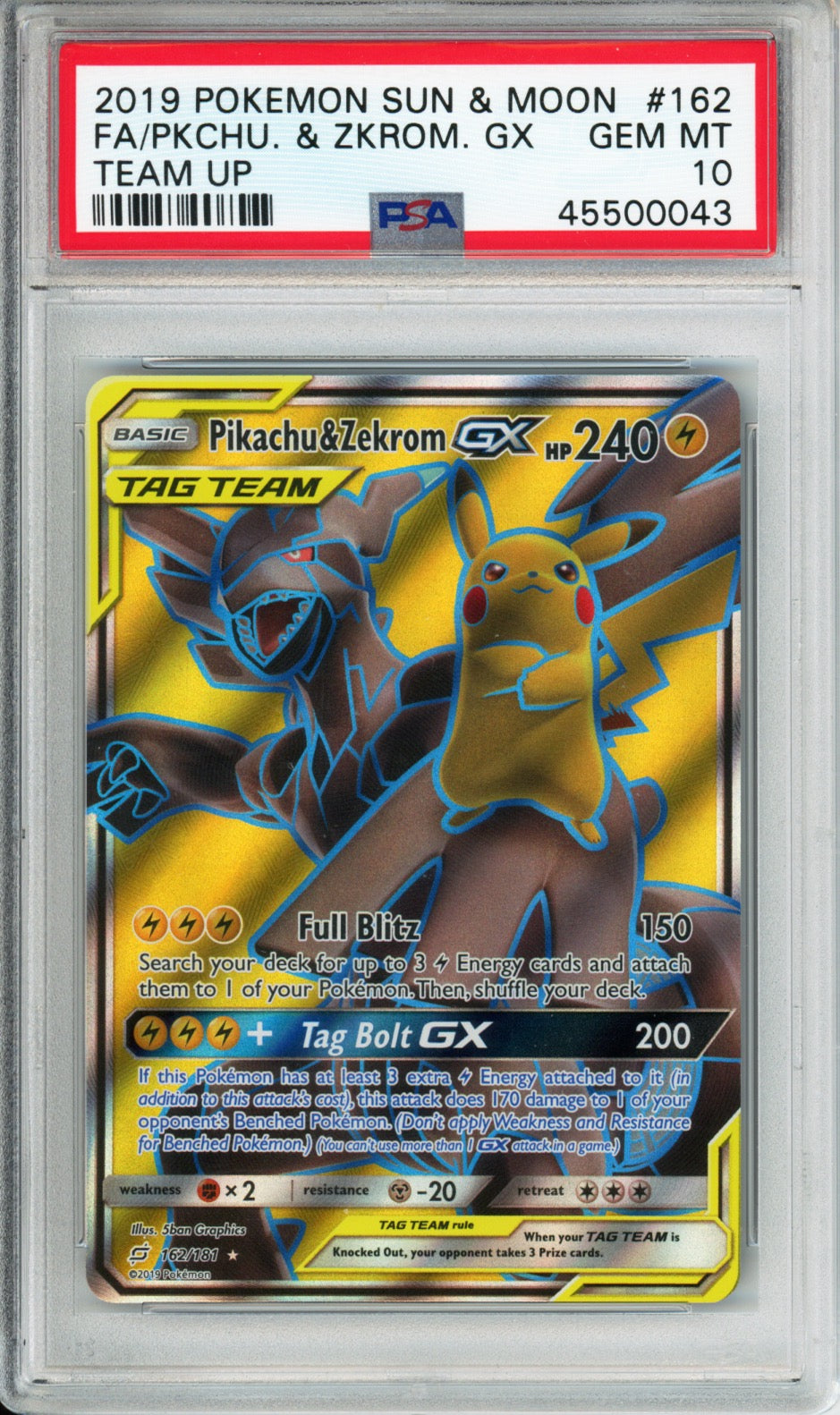 Pikachu & Zekrom GX (Full Art) - 2019 Team Up - #162/181 - PSA10