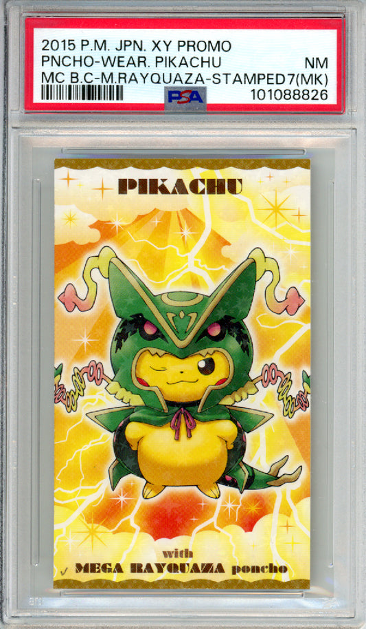 Poncho-Wearing Pikachu (Mega Rayquaza, Stamped) - 2015 Japanese Promo - MC Business Card - PSA7(MK)