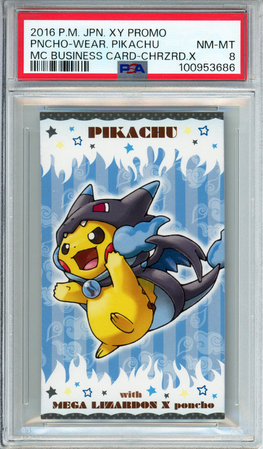 Poncho-Wearing Pikachu (Charizard X) - 2016 Japanese Promo - MC Business Card - PSA8