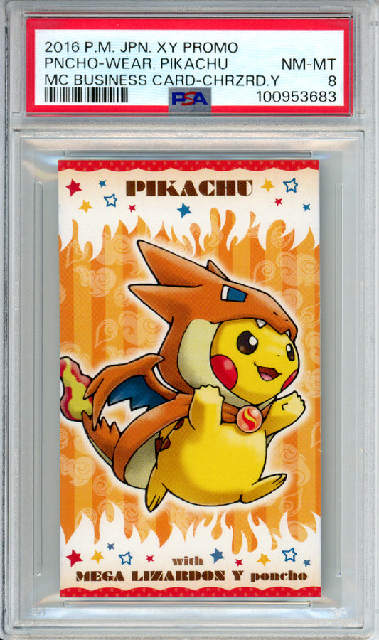 Poncho-Wearing Pikachu (Charizard Y) - 2016 Japanese Promo - MC Business Card - PSA8