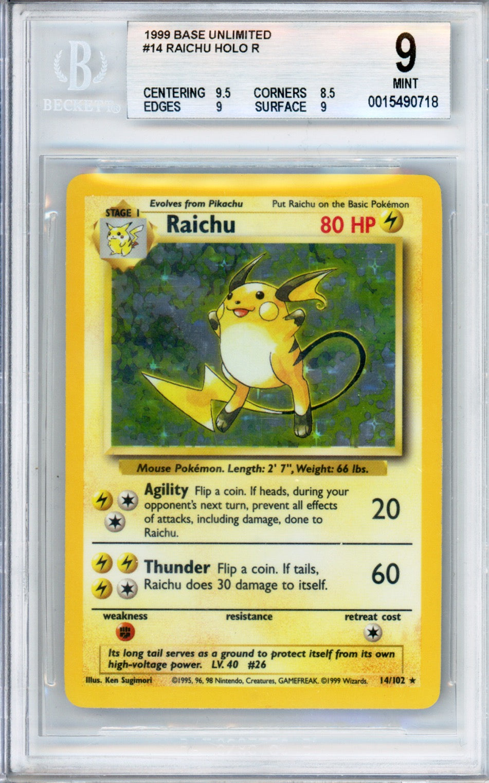 Raichu (Holo) - 1999 Base Set Unlimited - #14/102 - BGS9