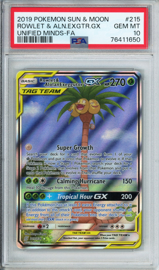 Rowlet & Alolan Exeggutor GX (Full Art) - 2019 Unified Minds - #215/236 - PSA10