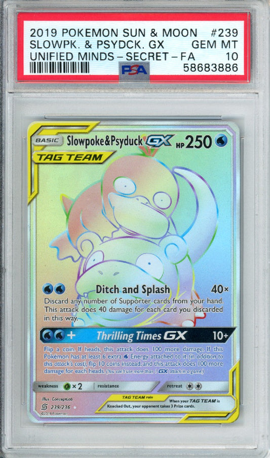 Slowpoke & Psyduck GX (Full Art, Secret Rare) - 2019 Unified Minds - #239/236 - PSA10