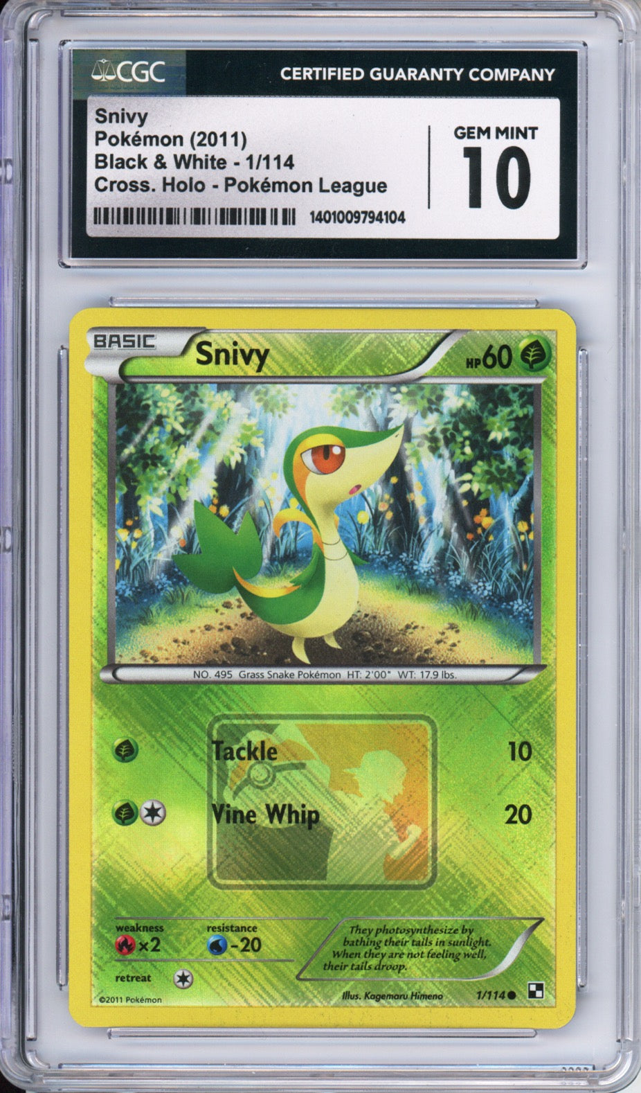 Snivy (Crosshatch Holo, Pokemon League) - 2011 Black & White - #1/114 - CGC10 - POP 251