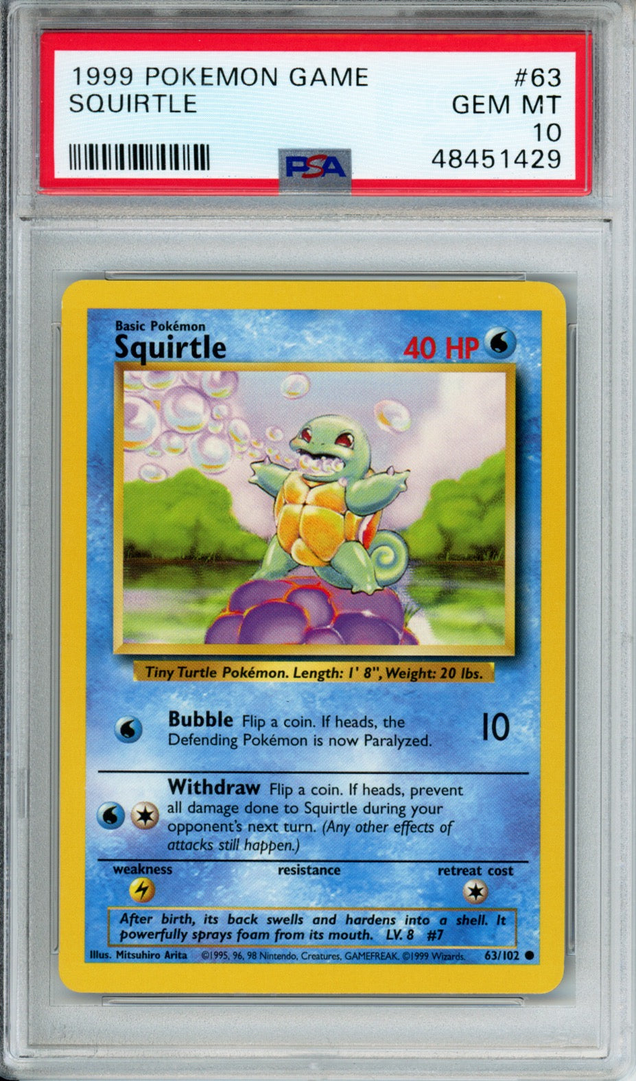 Squirtle - 1999 Base Set - Unlimited - #63/102 - PSA10