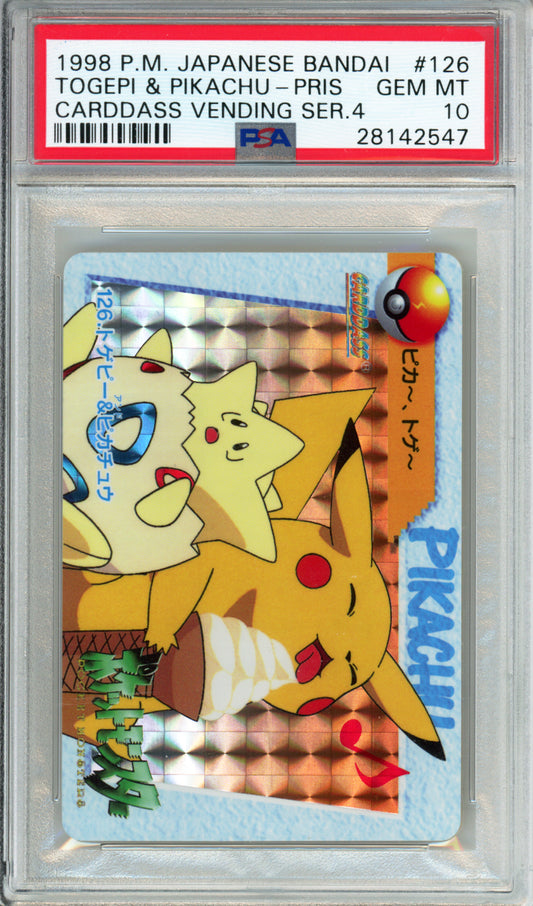 Togepi & Pikachu (Prism) - 1998 Japanese Bandai - Carddass Vending Series 4 - #126 - PSA10