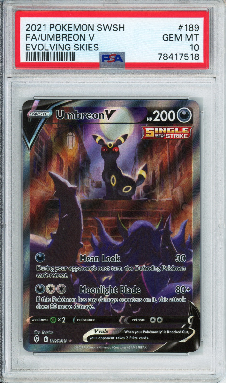 Umbreon V (Full Art) - 2021 Evolving Skies - #189/203 - PSA10