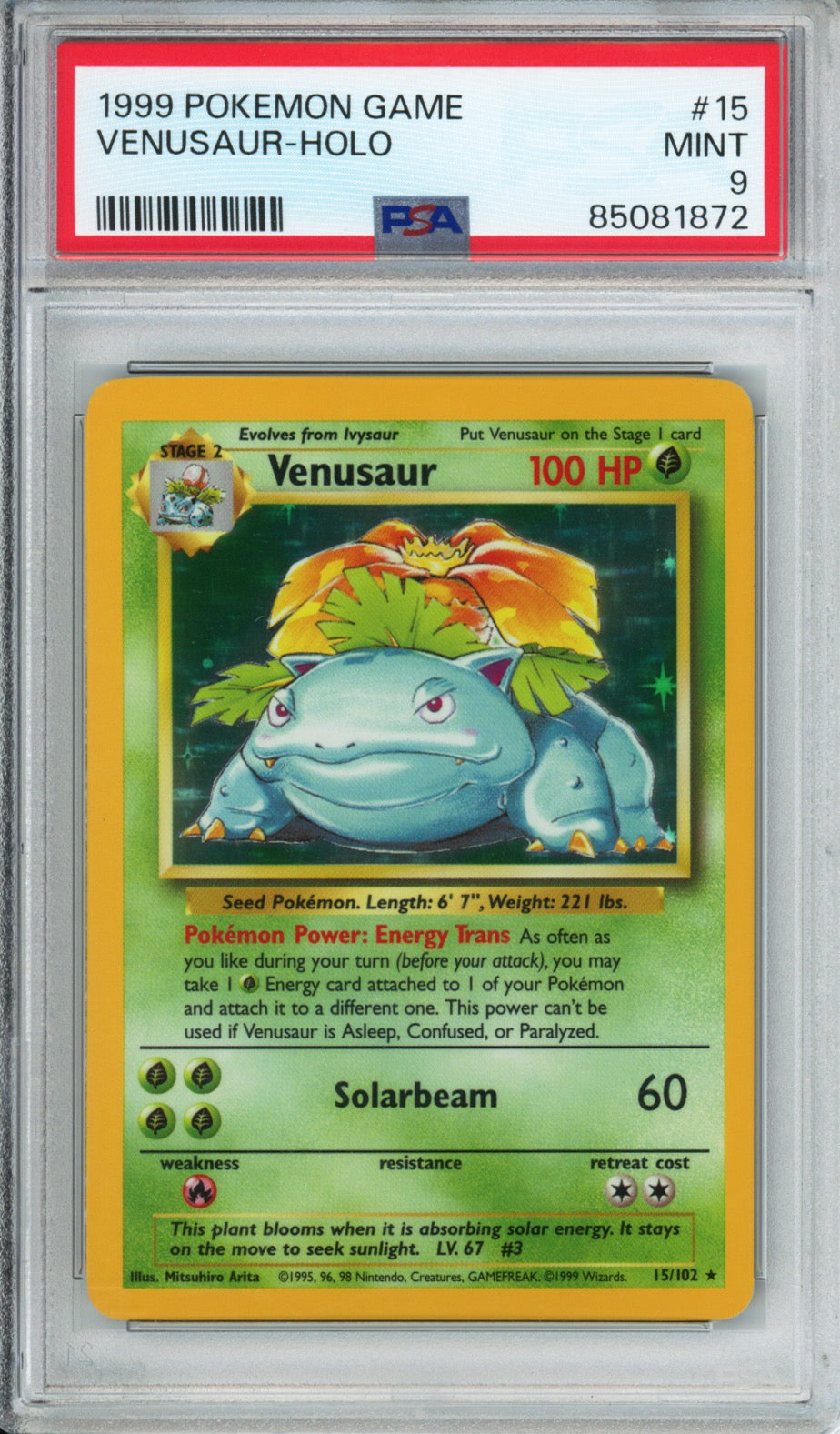 Venusaur (Holo) - 1999 Base Set Unlimited - #15/102 - PSA9 - POP 5,101