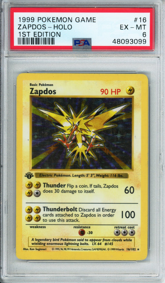 Zapdos (Holo) - 1999 Base Set - 1ST EDITION - #16/102 - PSA6 - POP 295